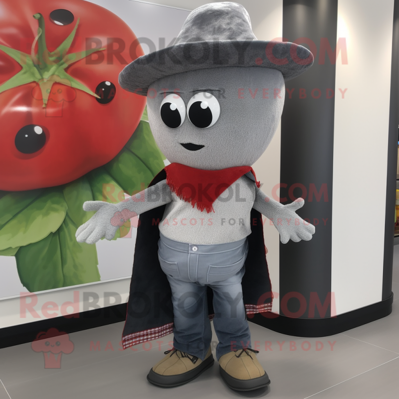 Gray Tomato mascot costume character dressed with a Bootcut Jeans and Shawls Gray Tomato mascot costume character dressed with a Bootcut Jeans and Shawls