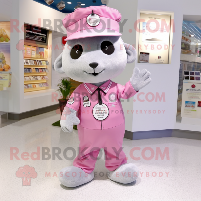 Silver Pink mascot costume character dressed with a Chinos and Berets Silver Pink mascot costume character dressed with a Chinos and Berets