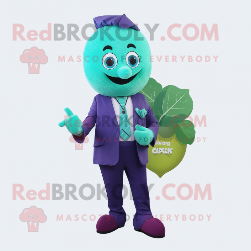 Cyan Grape mascot costume character dressed with a Blazer and Foot pads Cyan Grape mascot costume character dressed with a Blazer and Foot pads