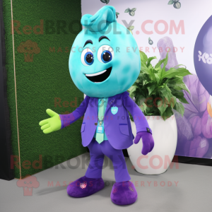 Cyan Grape mascot costume character dressed with a Blazer and Foot pads