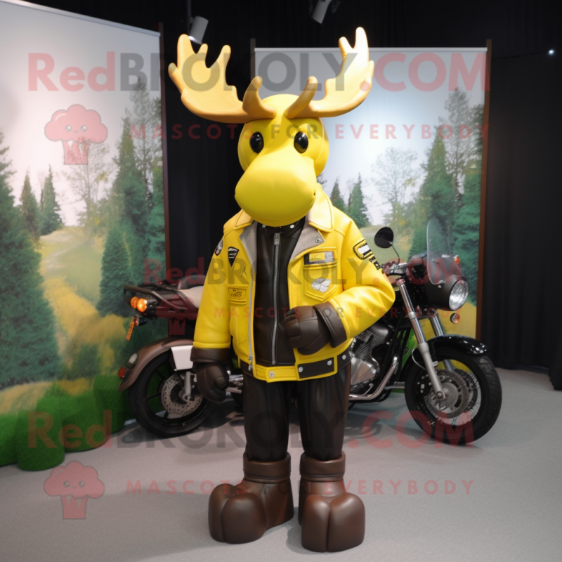 Yellow Moose mascot costume character dressed with a Biker Jacket and Handbags Yellow Moose mascot costume character dressed with a Biker Jacket and Handbags