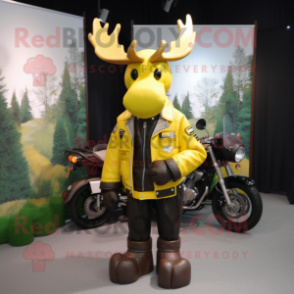 Yellow Moose mascot costume character dressed with a Biker Jacket and Handbags