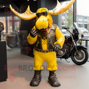 Yellow Moose mascot costume character dressed with a Biker Jacket and Handbags