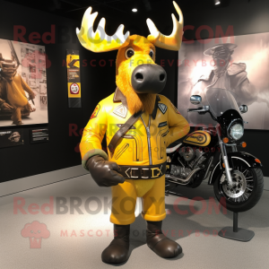 Yellow Moose mascot costume character dressed with a Biker Jacket and Handbags