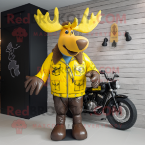 Yellow Moose mascot costume character dressed with a Biker Jacket and Handbags