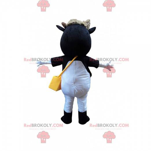 Allegro mascotte della mucca, sorridente costume della mucca -