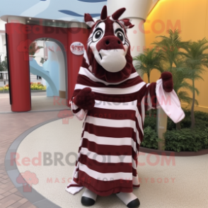 Maroon Zebra mascot costume character dressed with a A-Line Dress and Scarves