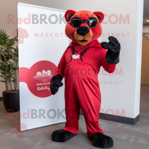 Red Panther mascot costume character dressed with a Waistcoat and Reading glasses