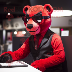 Red Panther mascot costume character dressed with a Waistcoat and Reading glasses