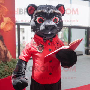 Red Panther mascot costume character dressed with a Waistcoat and Reading glasses