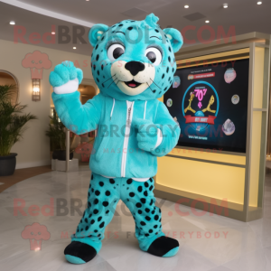 Turquoise Leopard mascot costume character dressed with a Sweater and Digital watches