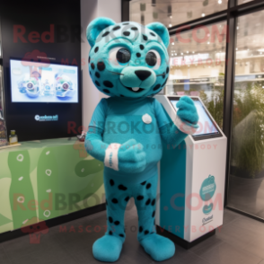 Turquoise Leopard mascot costume character dressed with a Sweater and Digital watches