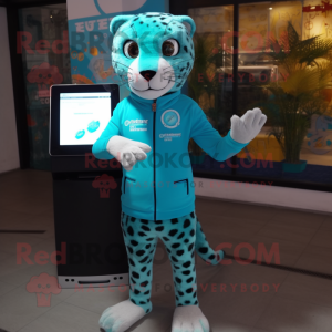 Turquoise Leopard mascot costume character dressed with a Sweater and Digital watches