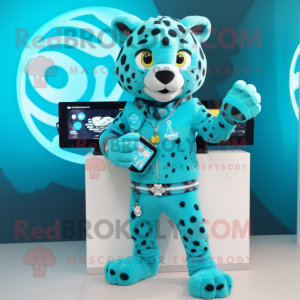 Turquoise Leopard mascot costume character dressed with a Sweater and Digital watches