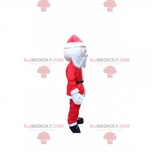 Mascote barbudo do Papai Noel com uma roupa vermelha e branca -