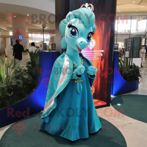 Turquoise Mare mascot costume character dressed with a Evening Gown and Wraps