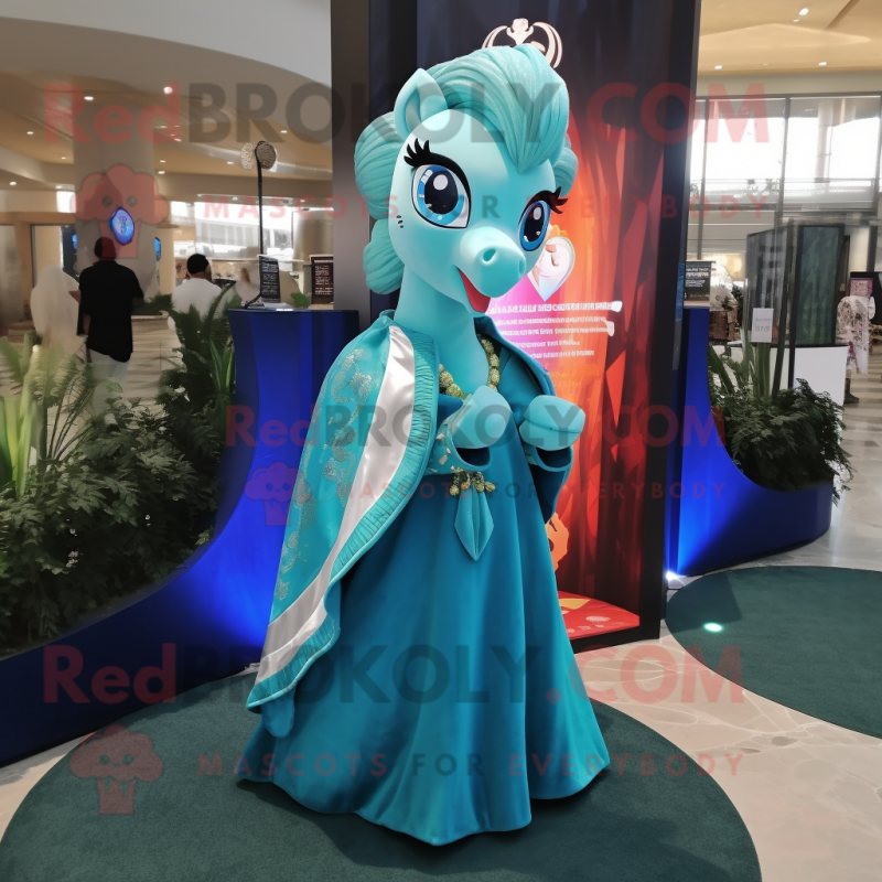 Turquoise Mare mascot costume character dressed with a Evening Gown and Wraps Turquoise Mare mascot costume character dressed with a Evening Gown and Wraps