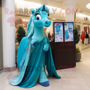 Turquoise Mare mascot costume character dressed with a Evening Gown and Wraps