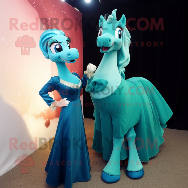 Turquoise Mare mascot costume character dressed with a Evening Gown and Wraps Turquoise Mare mascot costume character dressed with a Evening Gown and Wraps