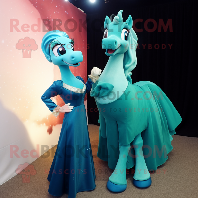 Turquoise Mare mascot costume character dressed with a Evening Gown and Wraps