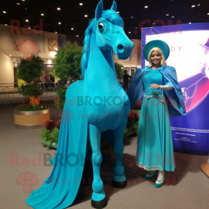 Turquoise Mare mascot costume character dressed with a Evening Gown and Wraps