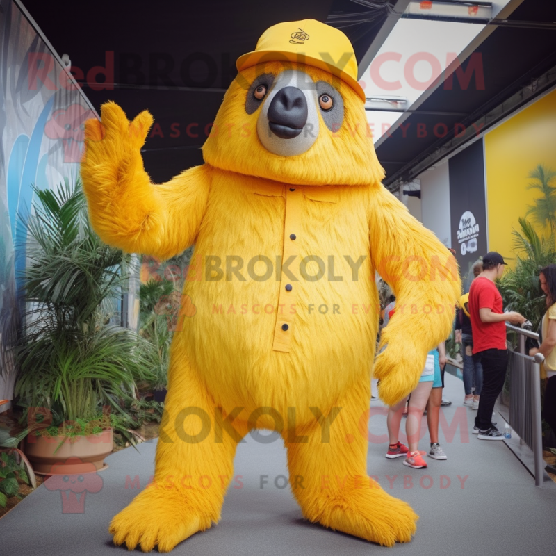 Yellow Giant Sloth mascot costume character dressed with a Playsuit and Hat pins