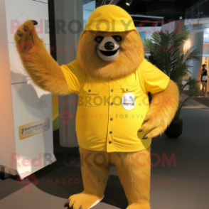 Yellow Giant Sloth mascot costume character dressed with a Playsuit and Hat pins