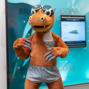 Rust Komodo Dragon mascot costume character dressed with a Swimwear and Smartwatches