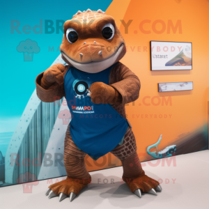 Rust Komodo Dragon mascot costume character dressed with a Swimwear and Smartwatches