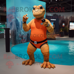 Rust Komodo Dragon mascot costume character dressed with a Swimwear and Smartwatches
