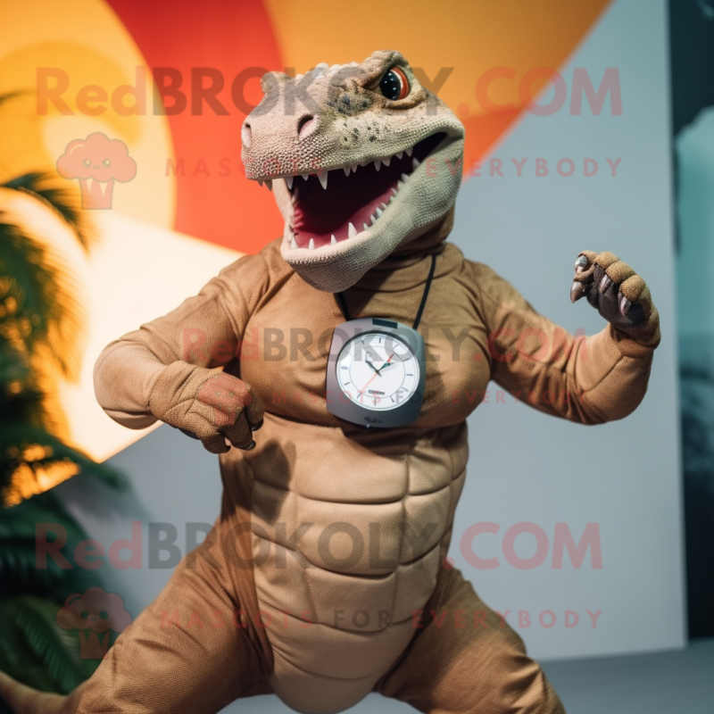 Rust Komodo Dragon mascot costume character dressed with a Swimwear and Smartwatches Rust Komodo Dragon mascot costume character dressed with a Swimwear and Smartwatches