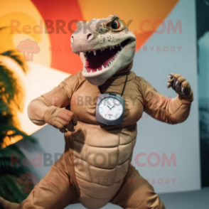 Rust Komodo Dragon mascot costume character dressed with a Swimwear and Smartwatches