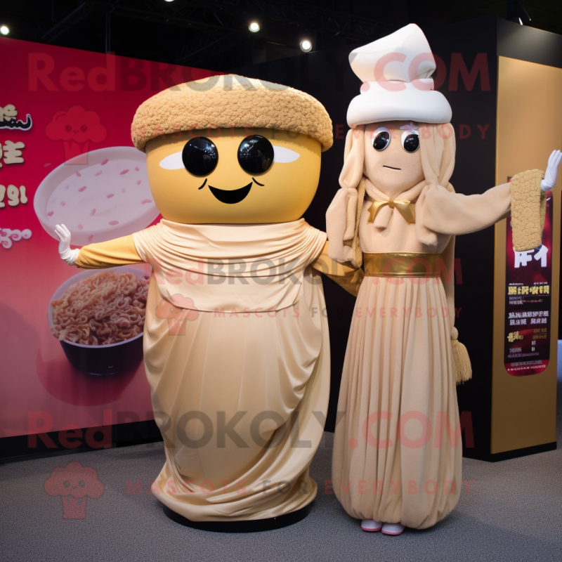 Tan Ramen mascot costume character dressed with a Ball Gown and Brooches Tan Ramen mascot costume character dressed with a Ball Gown and Brooches