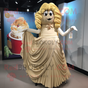 Tan Ramen mascot costume character dressed with a Ball Gown and Brooches