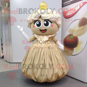 Tan Ramen mascot costume character dressed with a Ball Gown and Brooches