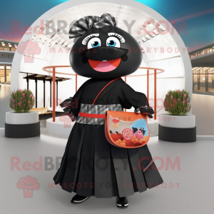 Black Sushi mascot costume character dressed with a Maxi Skirt and Handbags