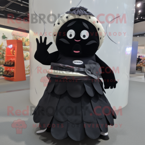 Black Sushi mascot costume character dressed with a Maxi Skirt and Handbags