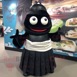 Black Sushi mascot costume character dressed with a Maxi Skirt and Handbags