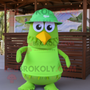 Lime Green Quail mascot costume character dressed with a Bikini and Caps