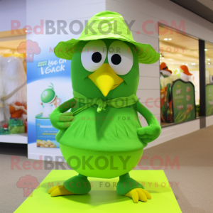 Lime Green Quail mascot costume character dressed with a Bikini and Caps