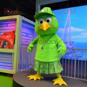 Lime Green Quail mascot costume character dressed with a Bikini and Caps