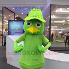 Lime Green Quail mascot costume character dressed with a Bikini and Caps