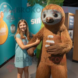 Rust Sloth mascot costume character dressed with a Shift Dress and Watches