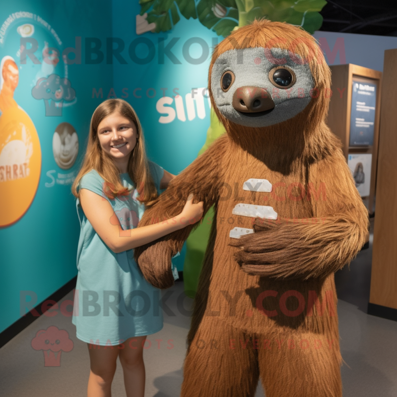 Rust Sloth mascot costume character dressed with a Shift Dress and Watches Rust Sloth mascot costume character dressed with a Shift Dress and Watches