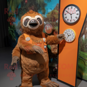 Rust Sloth mascot costume character dressed with a Shift Dress and Watches