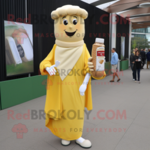 Cream Bottle Of Mustard mascot costume character dressed with a Wrap Dress and Pocket squares