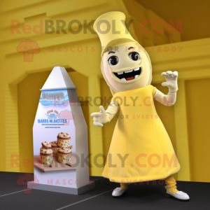 Cream Bottle Of Mustard mascot costume character dressed with a Wrap Dress and Pocket squares