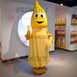 Cream Bottle Of Mustard mascot costume character dressed with a Wrap Dress and Pocket squares