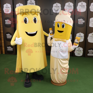 Cream Bottle Of Mustard mascot costume character dressed with a Wrap Dress and Pocket squares