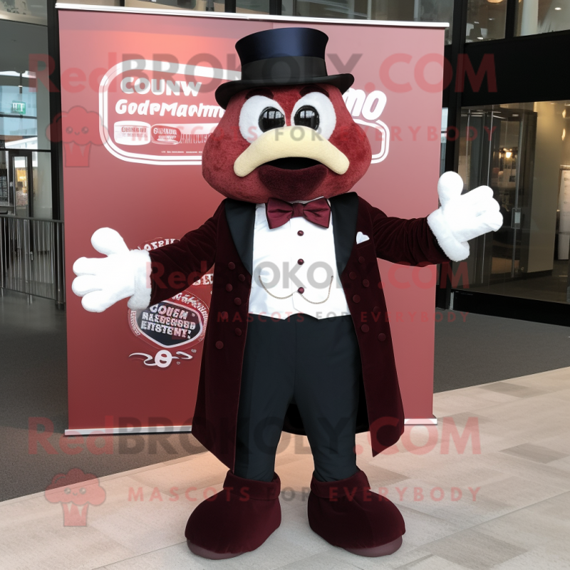 Maroon Guinness mascot costume character dressed with a Dress Pants and Bow ties Maroon Guinness mascot costume character dressed with a Dress Pants and Bow ties